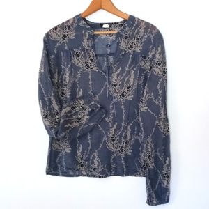J Crew size M sheer long sleeve blue & cream floral cotton top w satin ribbon